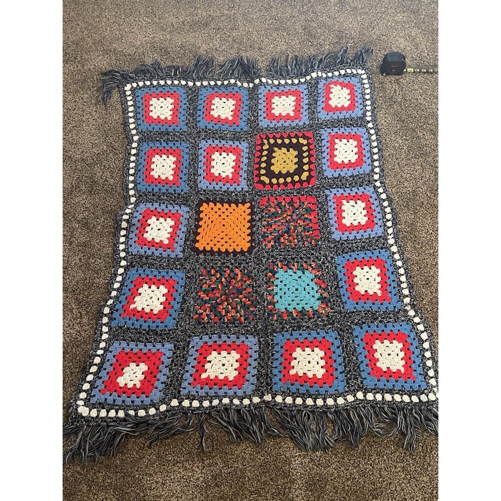 Afghan Blanket 52” x 34” Handmade Granny Squares Crochet Throw Fringed Edges